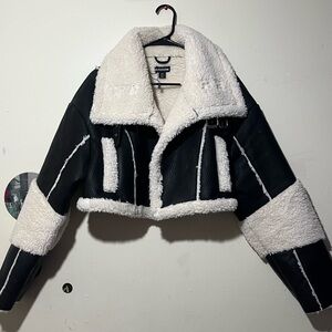 Faux Leather Borg Cropped Moto Style Jacket
